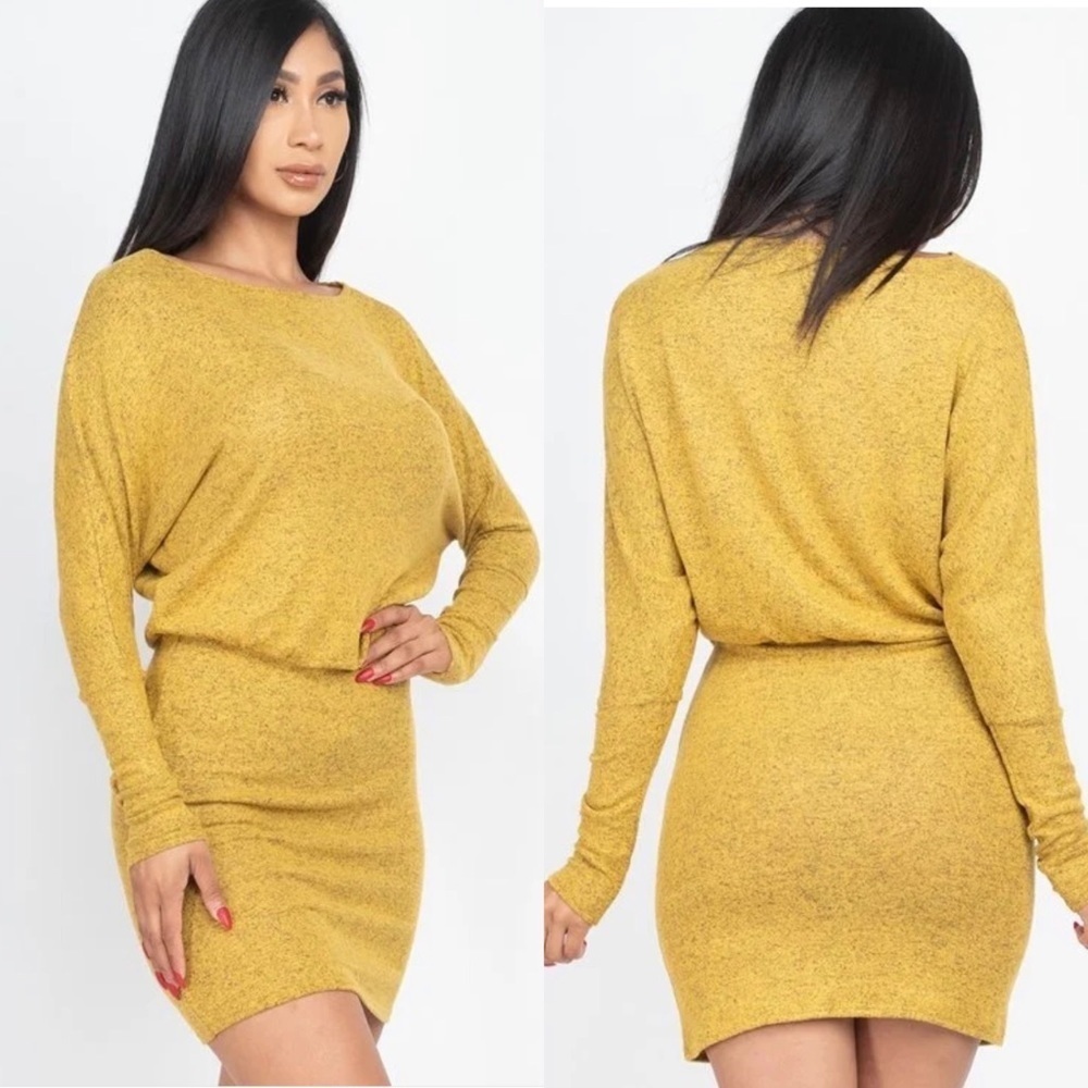 MUSTARD YELLOW TWO WAY SHOULDER STYLE LONG SLEEVE MINI DRESS